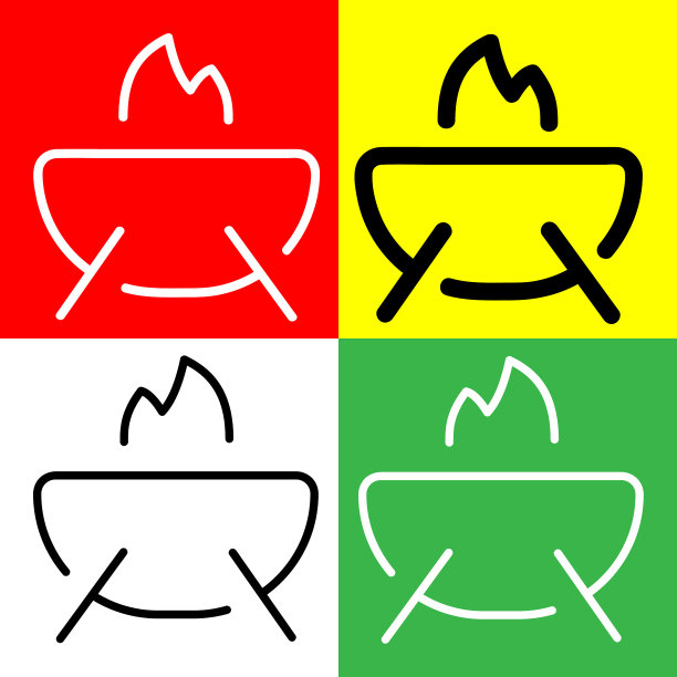 烧烤矢量图标，轮廓风格的图标，从冒险图标收集，隔离在红色，黄色，白色和绿色背景。图片下载