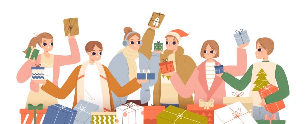 快乐的朋友互赠礼物。卡通青年人物准备假期，圣诞节和新年。聚会舒适的矢量场景图片下载