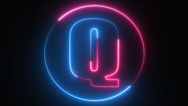 霓虹字母Q带霓虹圈，霓虹字母Q在黑暗中发光，粉红色的霓虹蓝光，闪耀文字Q，最佳数字符号，3d渲染，教育概念。图片下载