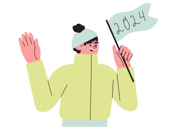 快乐的男人，男孩，少年举着写有数字2024的旗帜。男主角在冬装中祝贺圣诞和新年假期。节日问候矢量插图。图片下载