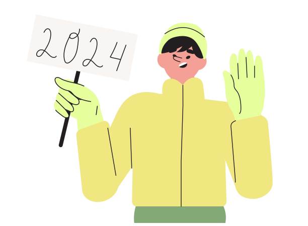 快乐的男人，男孩，青少年举着标有2024的横幅或标语牌。穿着冬装微笑的男主角祝贺圣诞和新年。节日问候矢量插图。图片下载