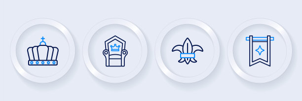 设置线中世纪旗帜，Fleur de lys或百合花，宝座和国王皇冠图标。向量图片下载