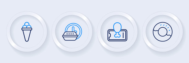 设置线甜甜圈，食品订购移动，24小时送货和冰淇淋华夫饼图标。向量图片下载