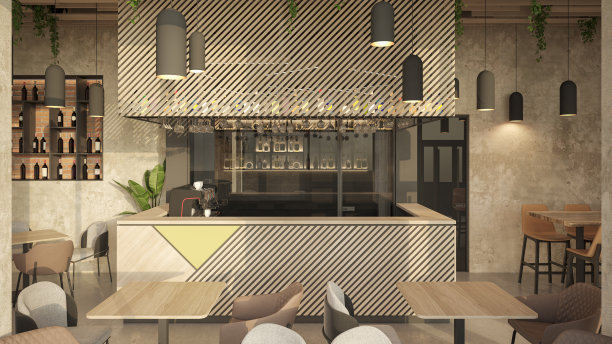 咖啡馆/餐厅。室内设计。计算机生成的图像。建筑可视化。3D渲染。图片下载