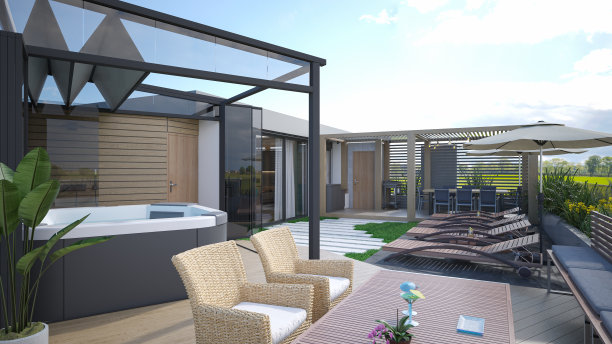 计算机生成的带有游泳池的屋顶露台图像。建筑可视化。3D渲染。外观设计图片下载