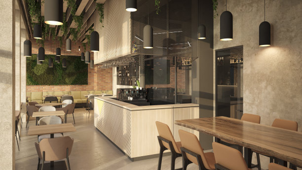 咖啡馆/餐厅。室内设计。计算机生成的图像。建筑可视化。3D渲染。图片下载
