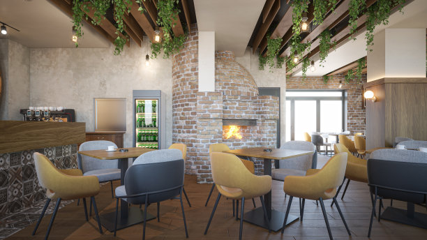 咖啡馆/餐厅。室内设计。计算机生成的图像。建筑可视化。3D渲染。图片下载