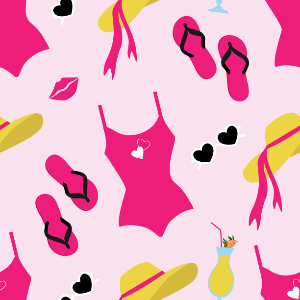 矢量无缝图案与女性沙滩配件在卡通风格。图片下载