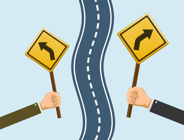 弯弯曲曲的道路上有路标指示方向。图片下载