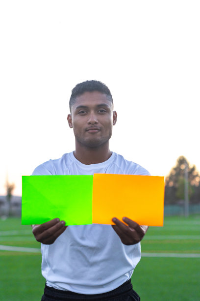 足球裁判在场上拿出两张牌。足球裁判正在拿牌的正面照片。图片下载