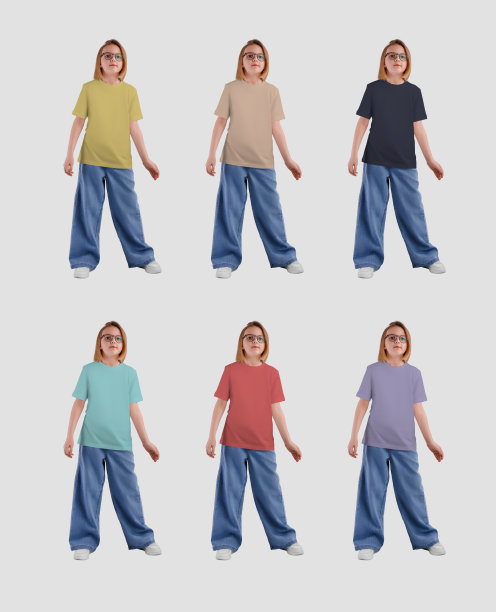 模板的彩色儿童的t恤帆布贝拉在一个女孩在牛仔裤，眼镜，全长前视图。图片下载