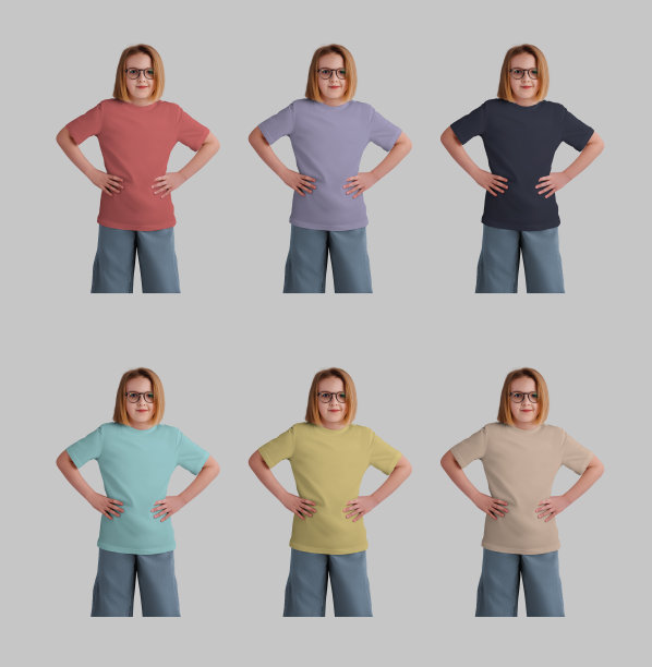 一个戴眼镜的女孩身上的彩色t恤的模型，正面，孤立的背景。图片下载