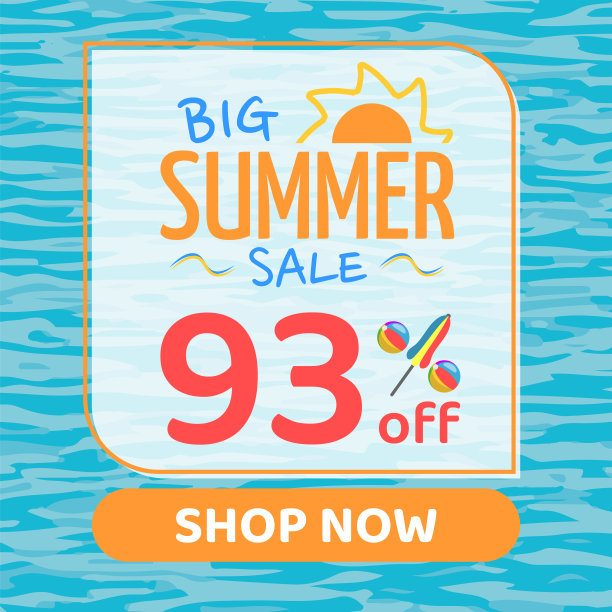 夏季大减价93%，橙色和蓝色，泳池水背景，现在购物图片下载