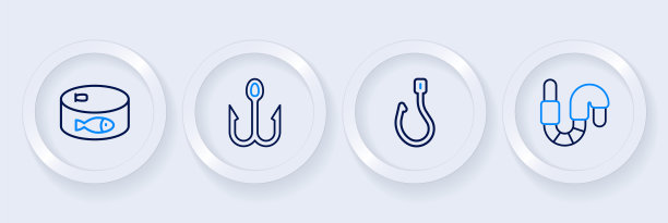 设置线蠕虫，钓鱼钩，罐头鱼图标。向量图片下载