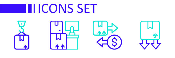 设置线纸箱与交通标志，税务纸板，仓库箱和起重机图标。向量图片下载