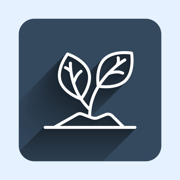 白线发芽图标与长阴影背景隔离。种子和幼苗。叶子的迹象。叶自然。蓝色方形按钮。向量图片下载