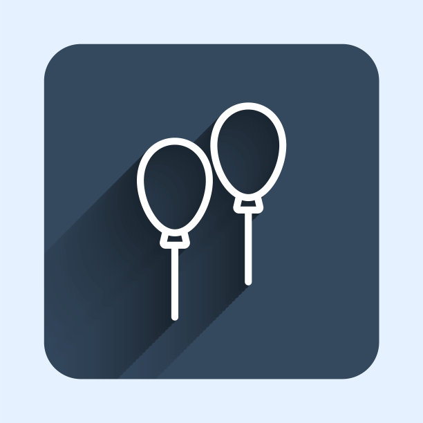 带丝带图标的白线气球与长阴影背景隔离。蓝色方形按钮。向量图片下载