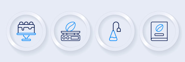 集线咖啡书，茶包，电子咖啡秤和蛋糕图标。向量图片下载