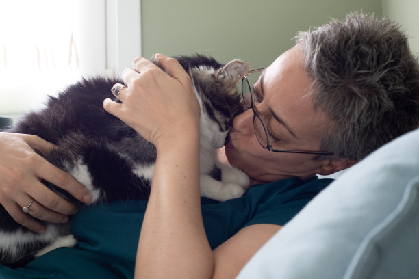 一个女人在家里和她的猫玩耍图片下载
