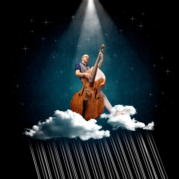 有艺术天分的年轻人在云上用光弹奏违禁品。创意设计。当代艺术拼贴图片下载