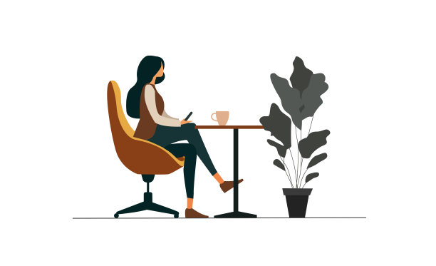 女人，一个女孩坐在桌子旁喝咖啡，茶，手里拿着电话。在餐厅、咖啡馆、家里、生活方式中休息的概念。商务女士正在休息。平坦的插图。图片下载