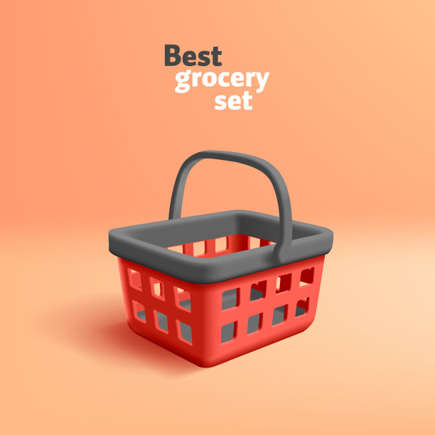 空红色购物杂货篮与黑色手柄，3d渲染逼真的卡通插图图标图片下载