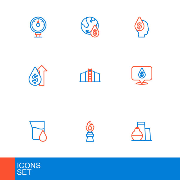 设置线油罐存储，钻机与火，汽油试管，下降美元符号，价格上涨，和图标。向量图片下载