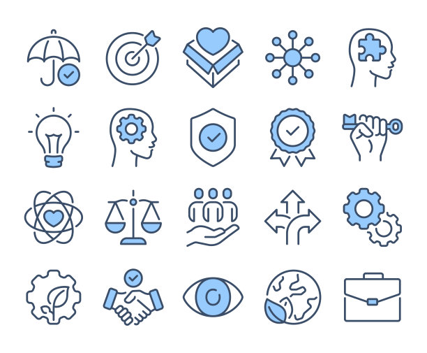 商业道德和核心价值观蓝色可编辑的笔画大纲图标集隔离在白色背景平面矢量插图。像素完美。64 × 64。图片下载