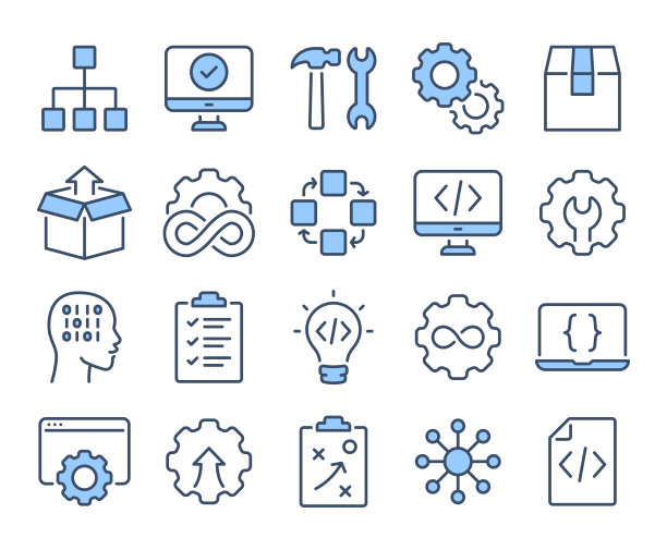 DevOps方法和软件开发概念蓝色可编辑笔画轮廓图标集，白色背景扁平矢量图。像素完美。64 x 64。图片下载