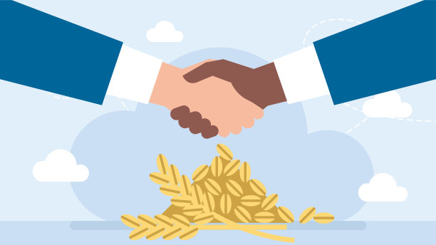 两名不同国籍和肤色的商人握手，象征着就粮食供应达成协议。粮食的协议。出售小麦、黑麦。握手。交易。矢量平面插图图片下载