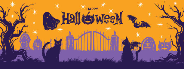 万圣节墓地栅栏背景，矢量鬼影卡通墓地景观，南瓜。图片下载