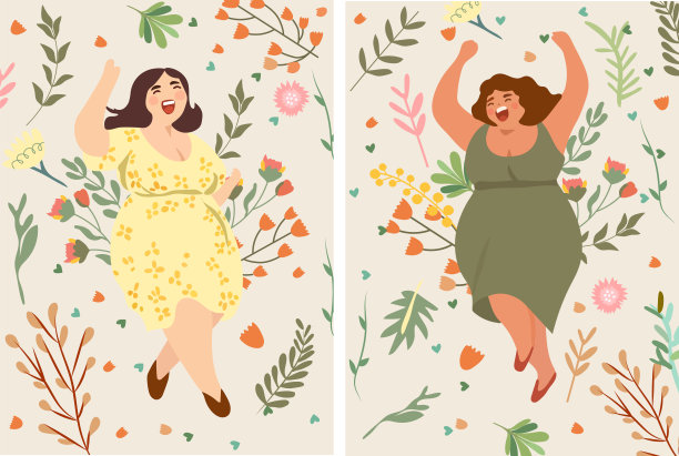 身穿太阳裙的快乐丰满女士在鲜花丛中跳舞，享受生活。无需节食日，身体积极，妇女节，夏日氛围，接受超重。度假心情。矢量。图片下载