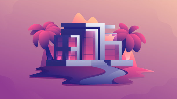 现代晚风热带别墅配以棕榈树孤立的象征。图片下载