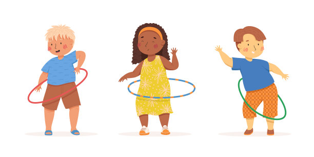 可爱的孩子们在转呼啦圈。多元文化和多样性。矢量插图。夏天的活动。孩子们在外面玩耍。图片下载