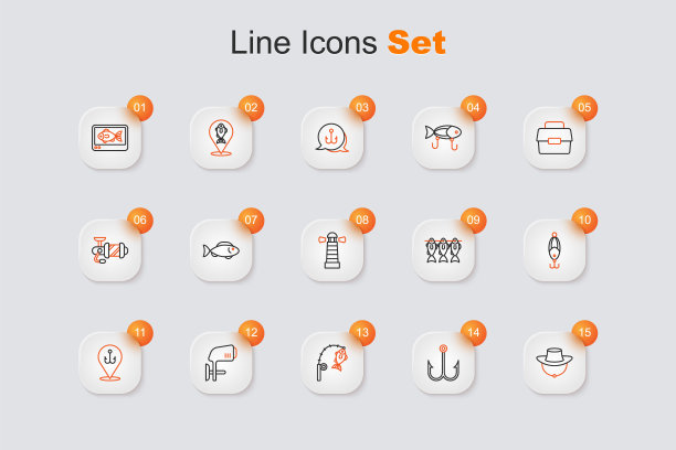 集线干鱼，鱼，鱼竿和，舷外船马达，钩，诱饵，盒钓鱼设备和灯塔图标。向量图片下载