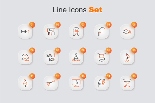 设线钓鱼鱼叉，杆和鱼，钩，网，浮子，诱饵，和水图标。向量图片下载