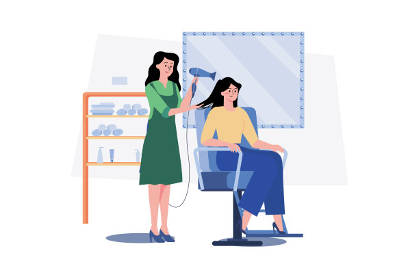 发型师在美发沙龙为顾客吹干新发型。图片下载