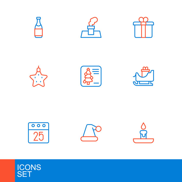 集线燃烧的蜡烛，圣诞老人帽子，天日历，圣诞老人雪橇，星星，明信片，礼盒和烟囱图标。向量图片下载