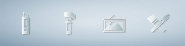 集文具刀、油漆辊刷、风景画等。纸艺风格。向量图片下载