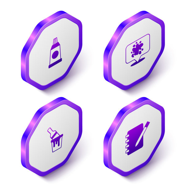 设置等距管与调色板，油漆喷雾，桶刷和笔记本图标。紫色六边形按钮。向量图片下载