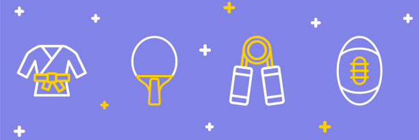 设置线美式橄榄球，运动扩展器，球拍和和服图标。向量图片下载