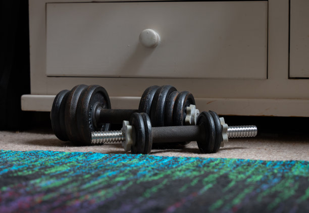 卧室里用于家庭锻炼的两个哑铃重量特写图片下载
