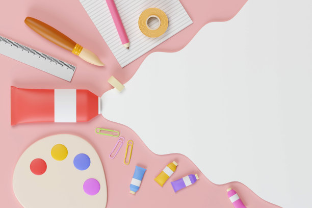 在学校和大学学习或思想概念。回到学校和艺术家的工具。三维渲染图片下载