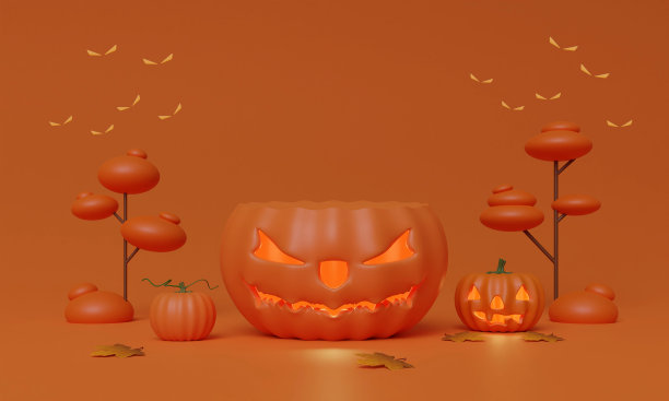 万圣节南瓜头成长与copyspace为目前的橙色背景3d渲染插图图片下载