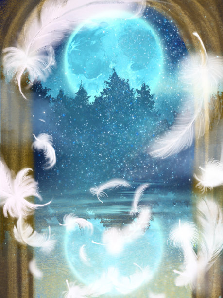 金门外的满月，北欧森林，天使翅膀飞舞的景观插图。图片下载