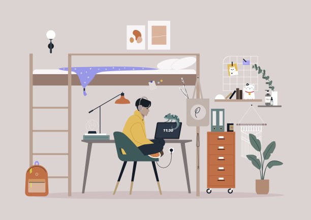 一个宿舍的概念，一个带双层床的远程家庭办公室，作为一个节省空间的解决方案，一个青少年的装饰卧室图片下载