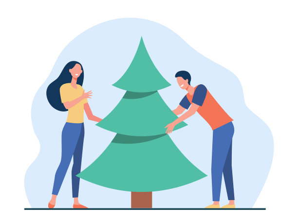 一对年轻夫妇正在摆放圣诞树图片下载