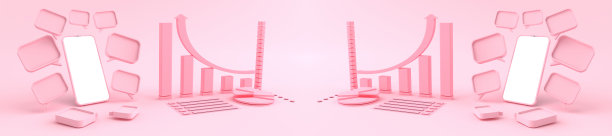 模拟粉色智能手机白色屏幕对面的粉色图形和圆形图形模拟的3D渲染。智能手机白色屏幕可用于商业广告，孤立在粉红色背景。图片下载