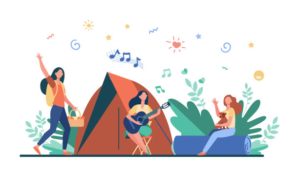 在帐篷附近休息唱歌的妇女图片下载