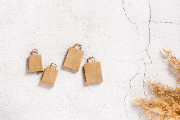 混凝土背景上的牛皮纸购物袋。前视图。图片下载